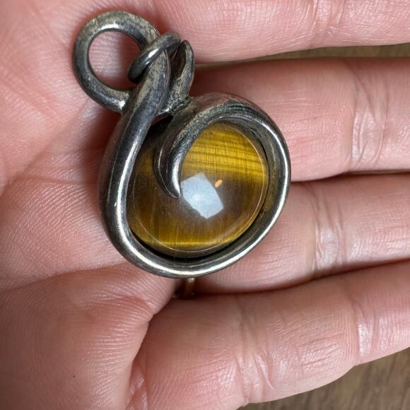 Sterling Silver 925 Genuine Tiger‎ Eye large 1 1/2 inch Necklace pendant - Picture 3 of 6